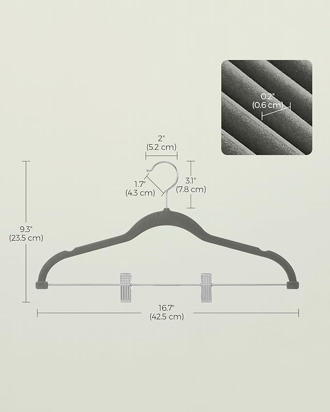 SONGMICS 20-Pack Pants Hangers, 16.7-Inch Long Velvet Hangers with Adjustable Clips, Heavy-Duty, Non-Slip Skirt Hangers, Space-Saving for Pants, Skirts, Coats, Dresses, Gray UCRF012G20
