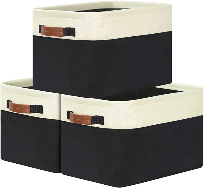 GhvyenntteS Large Fabric Storage Bins for Shelves with Metal Frame Opening & Hard Bottom Board, Collapsible Storage Baskets for Shelves 3 Pack, 15x11 Inch Baskets for Organizing Clothes Toys (Black)