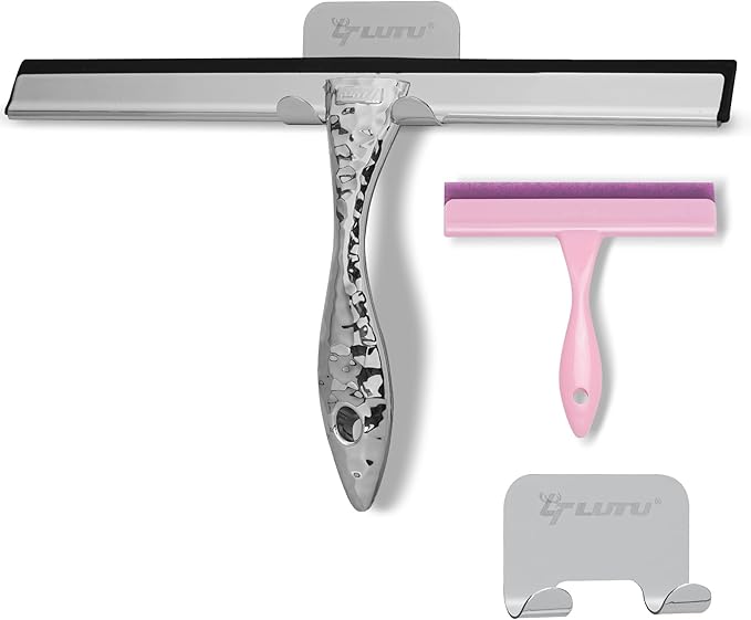 2-Pack Shower Squeegee for Glass Doors, 10 inch Silver Stainless Steel & 5 inch Pink Mini with 2 Hooks, Non-Slip Hammered Handle, Silicone Wiper for Shower, Bathroom, Tile and Mirror