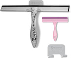 2-Pack Shower Squeegee for Glass Doors, 10 inch Silver Stainless Steel & 5 inch Pink Mini with 2 Hooks, Non-Slip Hammered Handle, Silicone Wiper for Shower, Bathroom, Tile and Mirror