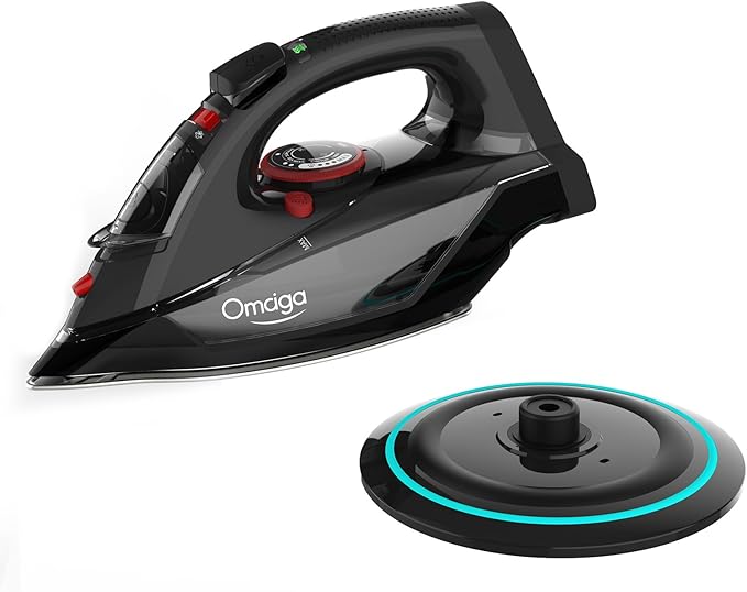 Cordless Iron for Clothes, 1500W Steam Iron Rapid Heating, Ceramic Soleplate, Auto Shut Off, Self-Clean, Anti-Calc, 3 Temperature Settings, 11.84oz Water Tank Ironing Clothes for Home, Black