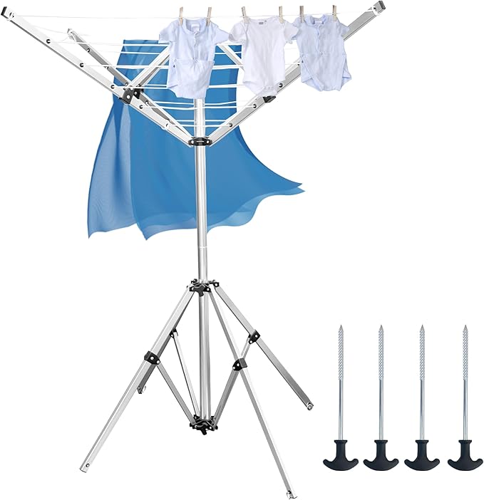 Outdoor Drying Rack with 4-arm Telescopic Aluminum Drying Rack Fixed with Ground Nails, 28 Drying Ropes, 65 Feet Large Capacity Windproof Rotating Umbrella Style Clothes Drying Rack