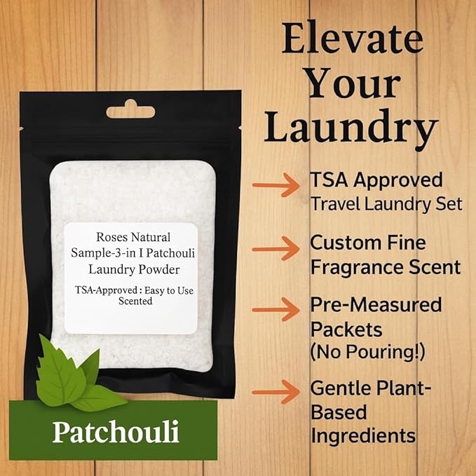 Sample/Travel Laundry Bundle, 10 Pre-Measured Packets, 5 Laundry Powder and 5 Fabric Softener Crystals, HE Compatible, Patchouli and Rouge Luxe Scents (Patchouli)