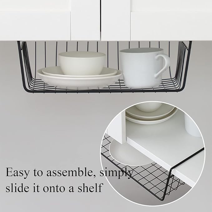 Tebery 4 Pack Black Under Shelf Wire Basket, Hanging Storage Baskets Under Cabinet Add-on Storage Racks, Slide-in Baskets Organizer for Kitchen Pantry Desk Bookshelf
