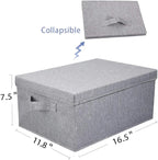 HOONEX Linen Foldable Storage Bins with Lids, 2 Pack, Storage Boxes with Carrying Handles and Sturdy Heavy Cardboard, 16.5" L x 11.8" W x 7.5" H for Shoes, Books, Clothes, Light Grey