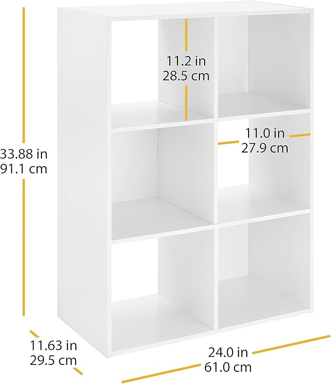 Whitmor 6 Cube Bookcase, 3 Tier Stackable MDF Bookself, Open Storage Display Organizer, Storage Cabinet for Living Room, Bedroom, Home, Office, 23.7" L x 11.7" W x 35.2" H, White