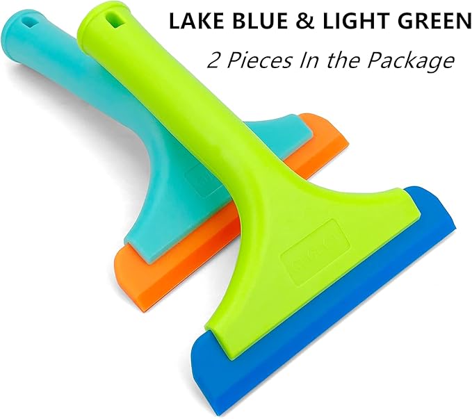 Super Flexible Silicone Squeegee, Auto Water Blade, Water Wiper, Shower Squeegee, 5.9'' Blade and 7.5'' Long Handle, for Car Windshield, Window, Mirror, Glass Door, Green+Lake Blue