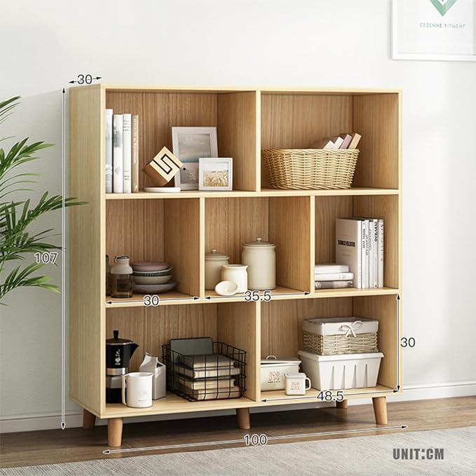 IOTXY Open Cube Low Bookcase - 3-Tier Freestanding Storage Display Cabinet Organizer with Legs for Home Office, 7-Cubes Open Shelf Short Bookshelf, Oak