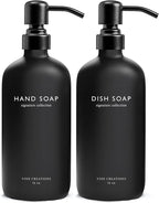 Vine Creations Black Glass Soap Dispenser Set, Dish Soap and Hand Soap Dispenser Set with Stainless Steel Pump, 16 oz Glass Dispensers for Kitchen Bathroom Decor (Matte Black Bottle/Matte Black Pump)