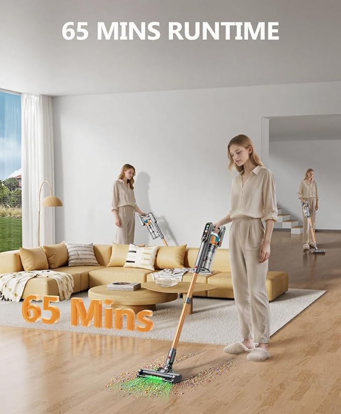 Cordless Vacuum Cleaner, 580W/48KPA/65Mins Vacuum Cleaners for Home, Super 1.8L Cup& Large LED Screen Stick Vacuum Anti-Tangle, Lightweight Cordless Vacuum with Charging Dock for Pet Hair/Carpet/Floor