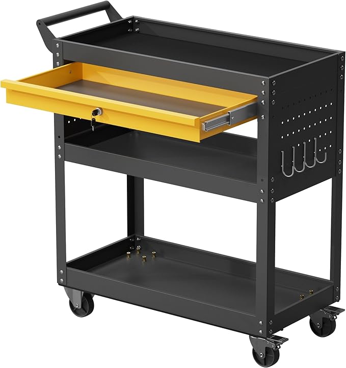 3 Tier Rolling Tool Cart on Wheels, Heavy Duty Utility Cart, Work Cart with Drawers and Pegboards, 440 LBS Loading Capacity Tool Storage Trolley for Mechanic, Garage, Workshop