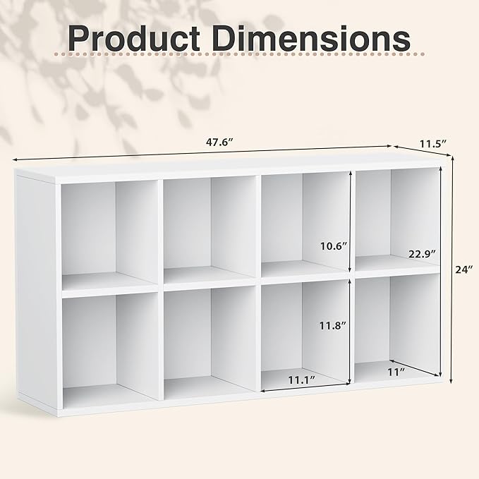 YESHOMY 8 Cube Bookcase, Open Frame 2-Tier Book Shelf, Bookshelf Storage Organizer with Adjustable Shelves for Organization, Room Decor, Milk White