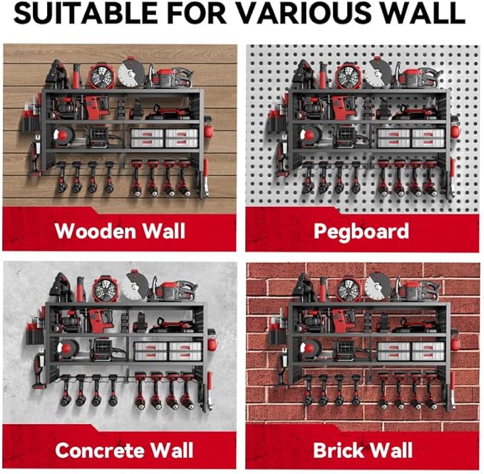 Power Tool Organizer Wall Mount, Heavy Duty 4-Tier Garage Storage Rack with Hooks and Cordless Drill Holder, Utility Racks for Screwdrivers, Pliers, Hammers,AngleGrinder, Shelf for Workbench