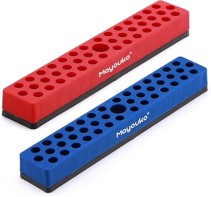 Mayouko 1/4" Magnetic Hex Bit Holder Rack Organizer, 43 Holes, 1/4-Inch Drill Bit Holder, Red&Blue, 2 Racks, Magnetic Bit Holder with Magnet Base for Screwdriver Bits