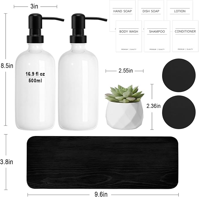 Hand Soap Dispenser for Kitchen, White Soap Dispensers with Stainless Steel Pump, Bathroom Soap Dispenser Set with Wood Riser Tray, Kitchen Dish Soap Dispensers Bathroom Decor(White)
