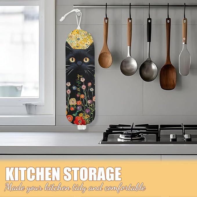 Flower Cat Plastic Bag Holder, Wall Mount Grocery Bag Holder, Plastic Storage bag, Pull Rope Free Adjustment, Plastic Bag Holders for Grocery Bags, Plastic Bag Dispenser for Home Kitchen Cabinet