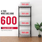 BestOffice 4-Shelf Adjustable Storage Shelving Unit Metal Rack Wire Shelf 600Lbs Capacity with 4 PP Sheets 18L x 12W x 44H for Laundry Bathroom Kitchen Garage,Black