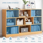 IOTXY Open Shelf Low Bookcase - Wooden 3-Tier Floor Standing Display Cabinet Organizer with Base, 10 Cubes Short Horizontal Bookshelf in Tiffany-Green