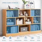 IOTXY Open Shelf Low Bookcase - Wooden 3-Tier Floor Standing Display Cabinet Organizer with Base, 7 Cubes Short Horizontal Bookshelf in Warm White