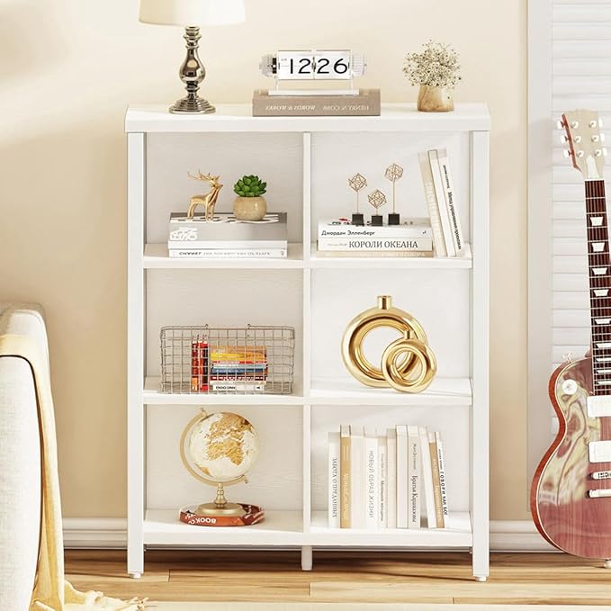 FATORRI 6 Cube Storage Organizer Shelf, Wood and Metal Cubby Bookshelf, Modern Cube Book Shelf (White Oak)