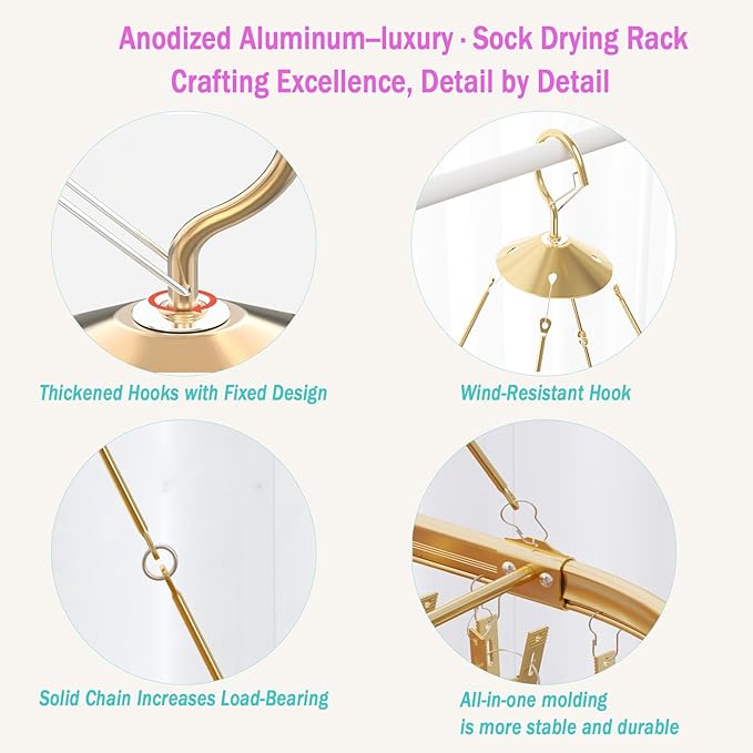 Aluminum Sock Drying Rack with 26 Non-Slip Clips, and Wind-Resistant Hook, Laundry Drying for Socks, Baby Clothes, Underwear, and Delicates. Oval & One-Piece Design, (Silver)