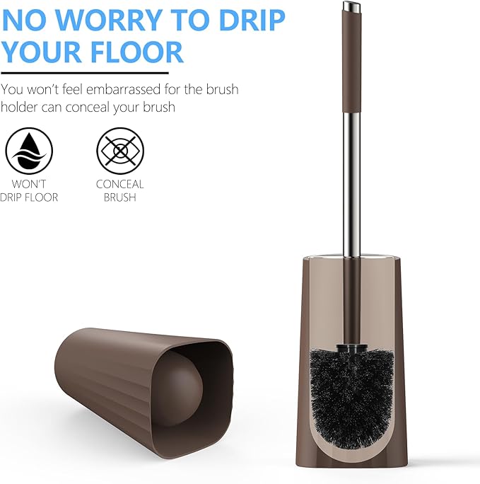 SetSail Toilet Brush, Compact Size Toilet Bowl Brush and Holder Toilet Brushes for Bathroom with Stainless Steel Handle Toilet Cleaner Brush with Durable Scrubbing Bristles, 2 Packs, Brown