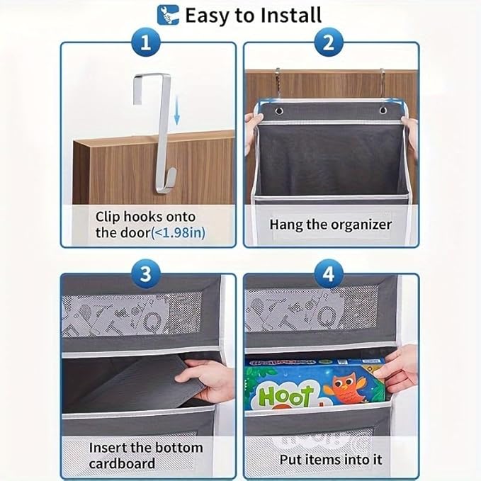Over The Door Organizer Storage, 5 Shelf Hanging Door Organizer with 5 Large Capacity Pockets, Anti Tilt 44 lb Load Hanging Organizer for Bedroom, Bathroom, Pantry, Nursery (Grey, 1 Pack)