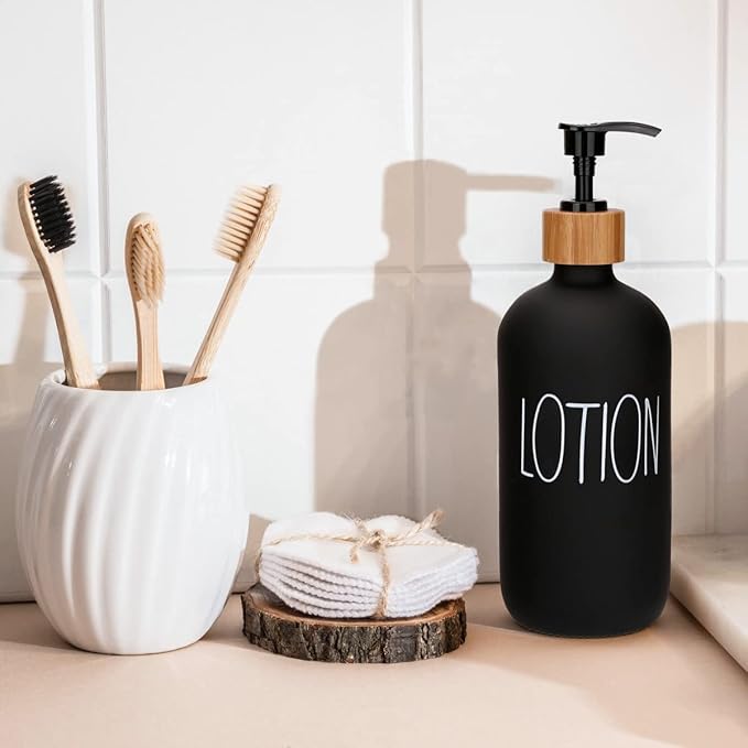 Soap Dispenser Bathroom Set, Hand Soap and Lotion Dispenser Set with Tray for Bathroom, Black and White Bathroom Decor Modern Farmhouse Decor Kitchen Art Dish Soap Holder (Black & White)