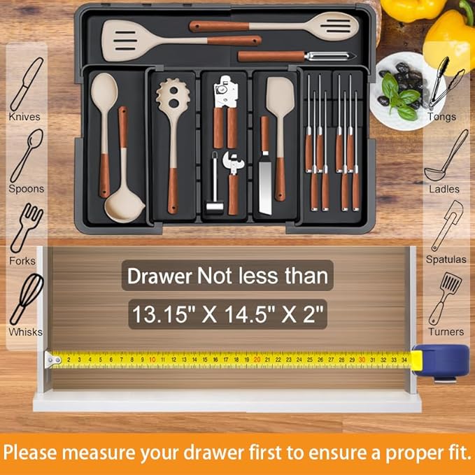 Large Utensil Drawer Organizer for Kitchen, Expandable Silverware Organizer Utensil Holder, Cutlery and Flatware Cooking Tray, Kitchen Drawer Organizers and Storage with Removable Knife Block, Black