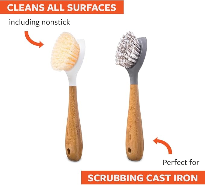 Full Circle Be Tenacious Bamboo Dish Brush Set – Sustainable Cleaning Tools for Cast Iron, Dishes, Pots, Pans – Includes Be Good & Tenacious C Brushes, Tough Bristles – Pack of 2