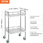 VEVOR Lab Rolling Cart, 2-Shelf Stainless Steel Rolling Cart, Lab Serving Cart with Swivel Casters, Dental Utility Cart for Clinic, Lab, Hospital, Salon, 15.16"x21.57"x34.06"