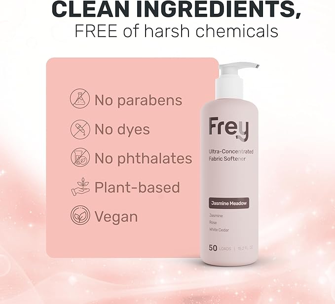FREY Natural Liquid Fabric Softener & Conditioner | Laundry Softener for Clothing | Works In All Machines + HE | Powered by Natural Ingredients (2-pack, Jasmine Rose)