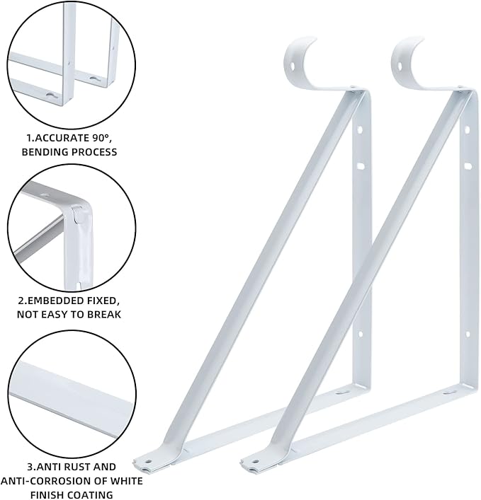 HOME MASTER HARDWARE Heavy Duty Closet Rod Brackets 2 Pack, Wall Mounted Shelf Bracket with Rod Shelving Support, 11 x 9.5 in Shelves Support Brace with Hook, White with Screws