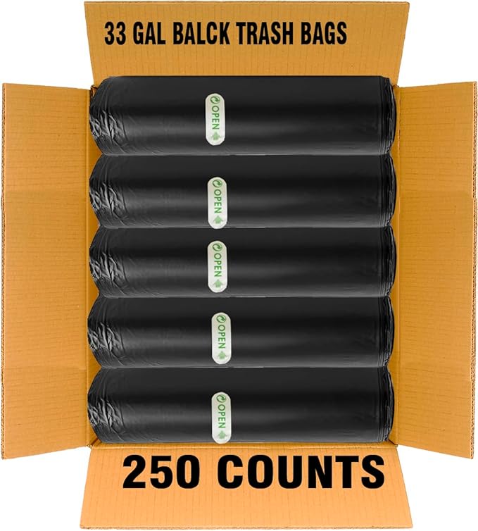 33 Gallon Trash Bags, 250 Count Bulk, Black Garbage bags, Multi-purpose Trash Can Bin Liners for Home Commercial, Outdoor, Construction, Industrial, Janitorial, Municipal, Lawn, Leaf