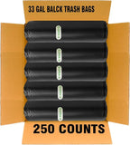 33 Gallon Trash Bags, 250 Count Bulk, Black Garbage bags, Multi-purpose Trash Can Bin Liners for Home Commercial, Outdoor, Construction, Industrial, Janitorial, Municipal, Lawn, Leaf