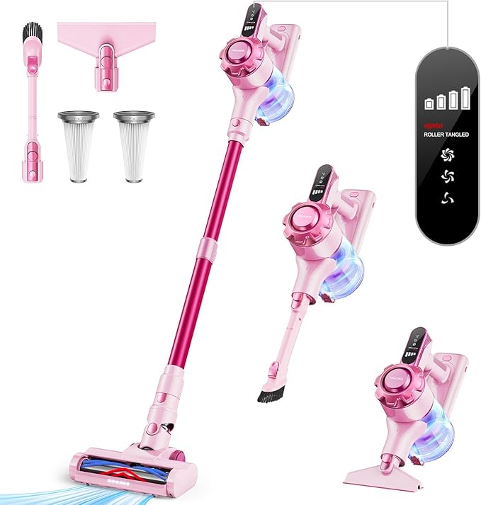 Cordless Vacuum Cleaner, 8-in-1 Lightweight Stick Vacuum with 45mins Runtime, Powerful Suction, Rechargeable Cordless Vacuum for Carpet, Tile, Pet Hair, Hardwood Floors, Pink