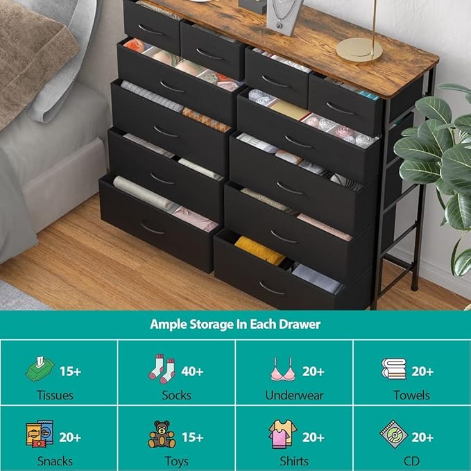 Large Dresser for Bedroom with 12 Deep Drawers, Tall Fabric Drawer Dresser, Chest of Drawers for Closet, Nursery, Living Room, Laundry, Entryway, Hallway (Black)