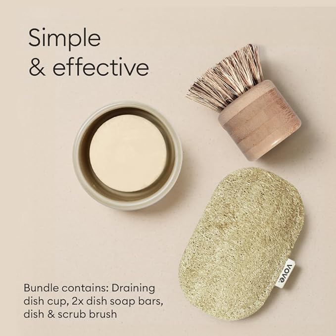 Vove Dish Soap Bundle, 2 Bars, 2 Bamboo & Sisal Scrub Brushes, 1 Ceramic Cup - Plant-Based Coconut Oil Soap with Citrus Essential Oils, FSC-Certified Bamboo, Plastic-Free, Zero-Waste Cleaning Set