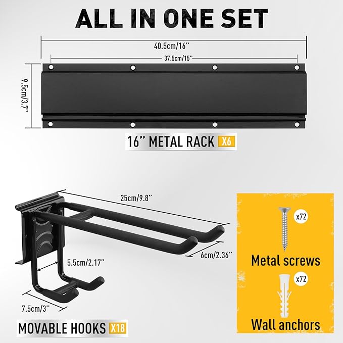 ELEAD 18-Pairs Heavy Duty Garage Tool Organizer Wall Mount Hooks, 96 Inches 1460 lbs Garden Tool Organizer with Adjustable Hooks for Garden, Yard, and Shed