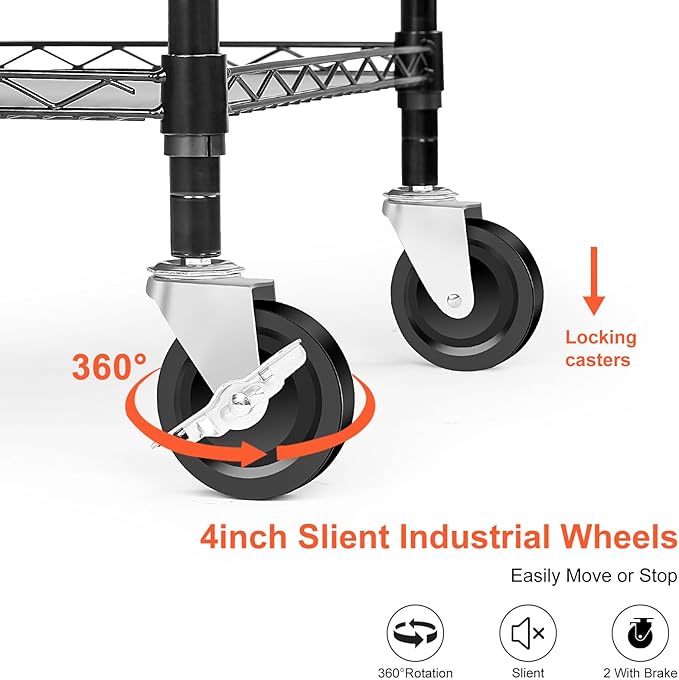 Heavy Duty Utility Cart, 990Lbs Capacity 3 Tier Rolling Carts with Wheels, Kitchen Cart on Wheels with Storage, Commercial Grade Metal Serving Carts with Wire Shelving &Handle Bar, Black