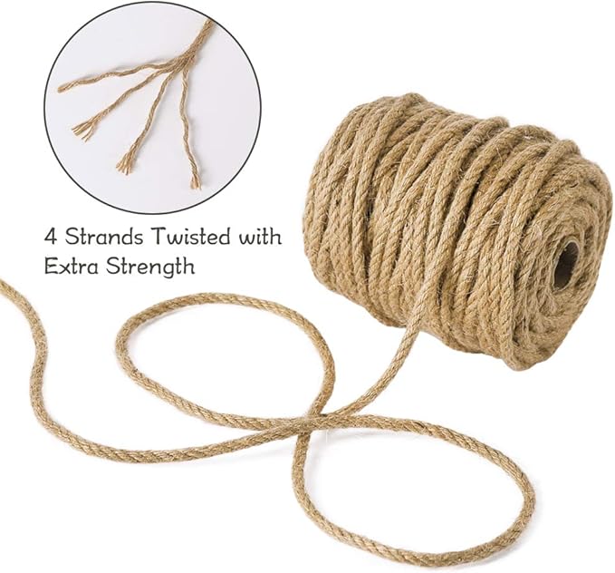 Tenn Well 5mm Jute Rope, 100 Feet 4Ply Twisted Heavy Duty and Thick Twine Rope for Gardening, Crafting, Bundling, Cat Scratching Post, Home Decor, Christmas Decorations