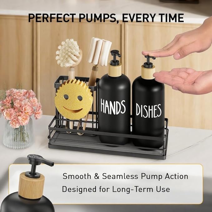 Moforoco Kitchen Dish Soap Dispenser Set, 16OZ Glass Bottle, Hand and Dish Soap Dispenser Set, Instant Dry Tray, Non-Slip Silicone Pad, Brush Holder with Smiley Face Sponge Holder（Black）