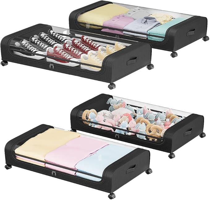 Under Bed Storage Containers, Under Bed Shoe Storage With Wheels, Bedroom Storage Organization with Handles, Under Bed Storage Bins Drawer For Clothes, Blankets And Shoes, Bedding