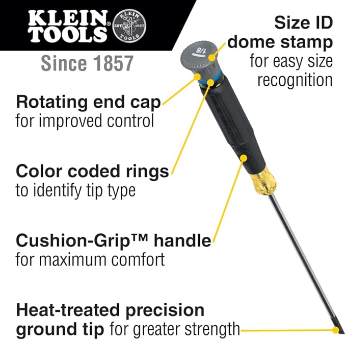 Klein Tools 6254 Mini Precision Screwdriver, 1/8-Inch Slotted, Features Cushion-Grip Handle, Rotating Cap, Color Coded Ring, 4-Inch Shank