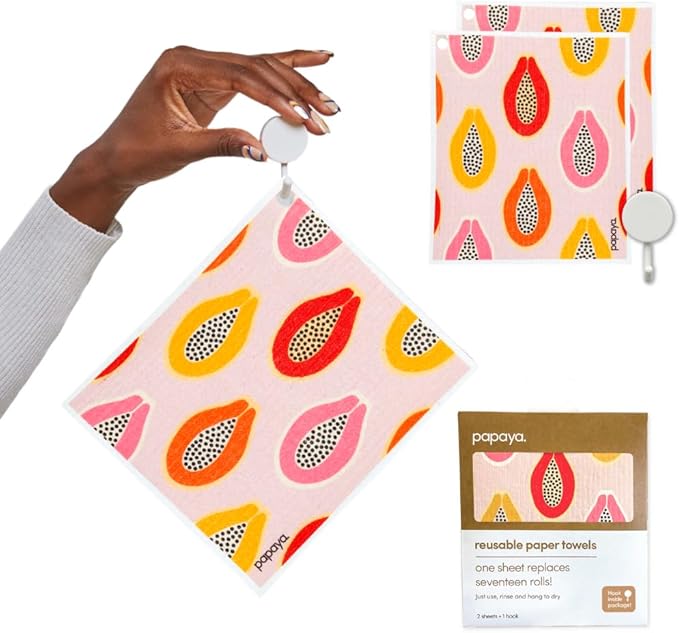 Papaya Reusable Paper Towels 2-Pack - 2 Sheets + 1 Hooks, Quick Drying, No Odor, 1 Sheet Replaces 17 Rolls, Washable Kitchen Cloth, Sustainable Dish Sponge, Eco Friendly Gift