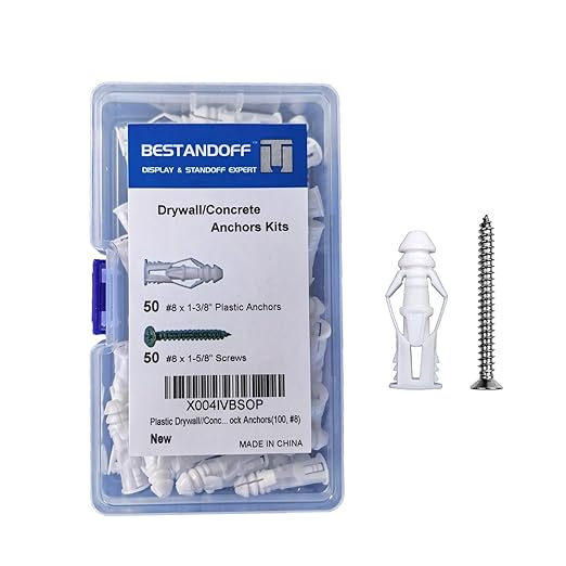 #8 Plastic Drywall/Concrete Anchors with Stainless Steel Screws Assortment Kit 100PCS, 50 Plastic Wall Anchors and 50 Flat Head Screws, Sheetrock Anchors(100, #8)