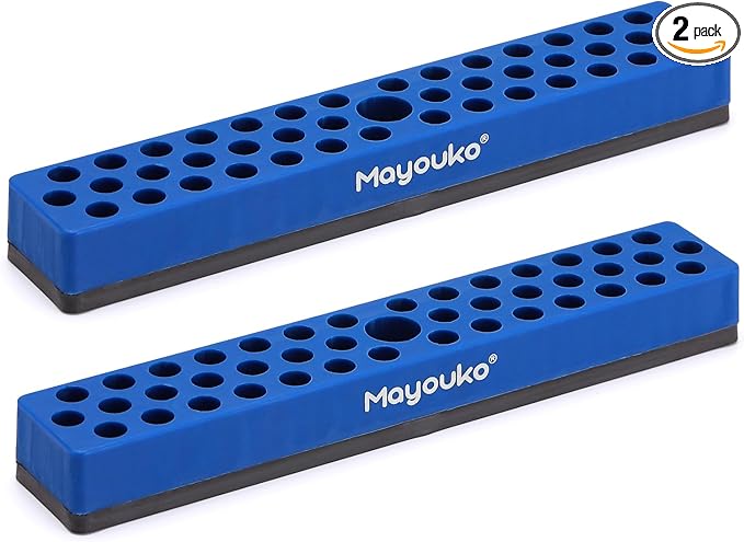 Mayouko 1/4" Magnetic Hex Bit Holder Rack Organizer, 43 Holes, 1/4-Inch Drill Bit Holder, Blue, 2 Racks, Magnetic Bit Holder with Magnet Base for Screwdriver Bits