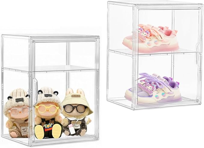 Large Clear Acrylic Display Case Shoe Storage Boxes With An Adjustable Divider,2 Pack 2 Tiers Clear Plastic Stackable Storage Bins With Lids Display Acrylic Box With Magnetic Door