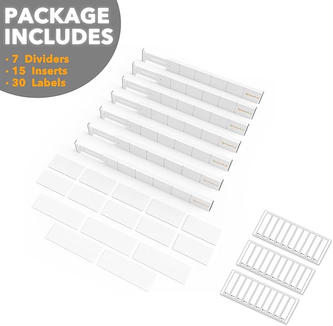 SpaceAid Bamboo Drawer Dividers with Inserts and Labels, Kitchen Adjustable Drawer Organizers, Expandable Organization for Home, Office, Dressers, 7 Dividers with 15 Inserts (17"-22" White)