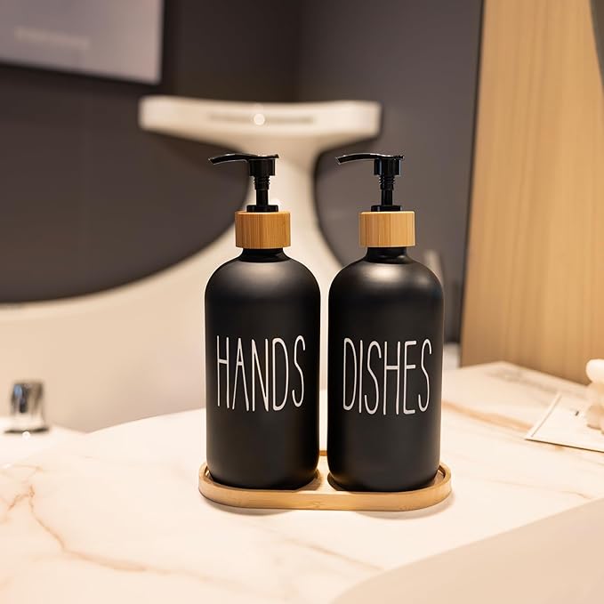 Matte Black Glass Soap Dispenser Set Hand and Dish Soap Dispensers Suitable for Rustic Kitchen Decor (Black)